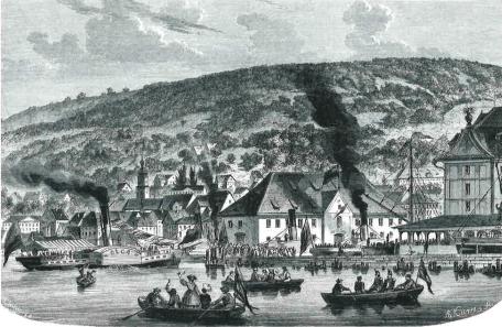 Bild: Rorschacher Hafen um 1860. Xylografie von A. Kunz