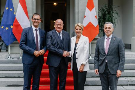 Bild: Landeshauptmann Markus Wallner, Bundekanzler Christian Stocker, Bundespräsidentin Karin Maria Keller-Sutter und Bundesrat Ignazio Cassis.